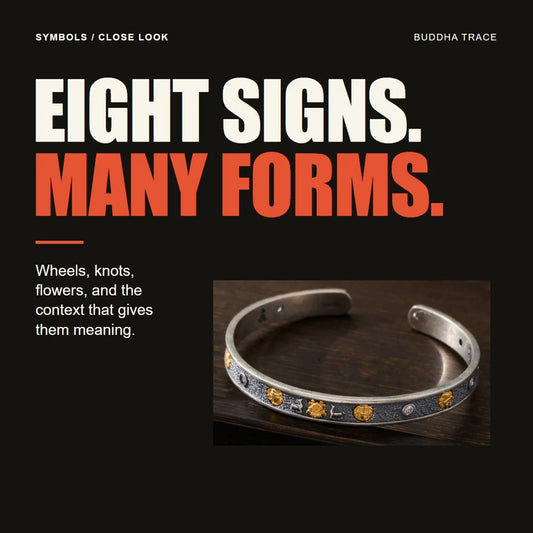 Buddhist Symbols and Meanings: Recognizing the Eight Auspicious Signs editorial cover with Buddhatrace product photography