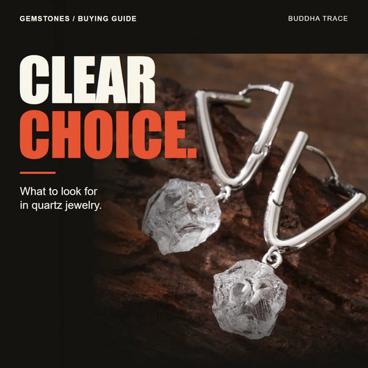 Clear Quartz Jewelry Buying Guide: Clarity, Inclusions, and Settings editorial cover with original product photography and the headline CLEAR CHOICE.