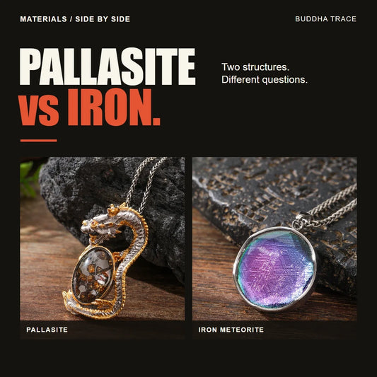 Pallasite vs. Iron Meteorite Jewelry: What Is the Difference? editorial cover with original comparison photographs and the headline PALLASITE vs IRON.