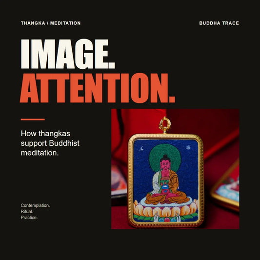 Image. Attention. An original photograph of a miniature thangka with a headline about its role in Buddhist meditation