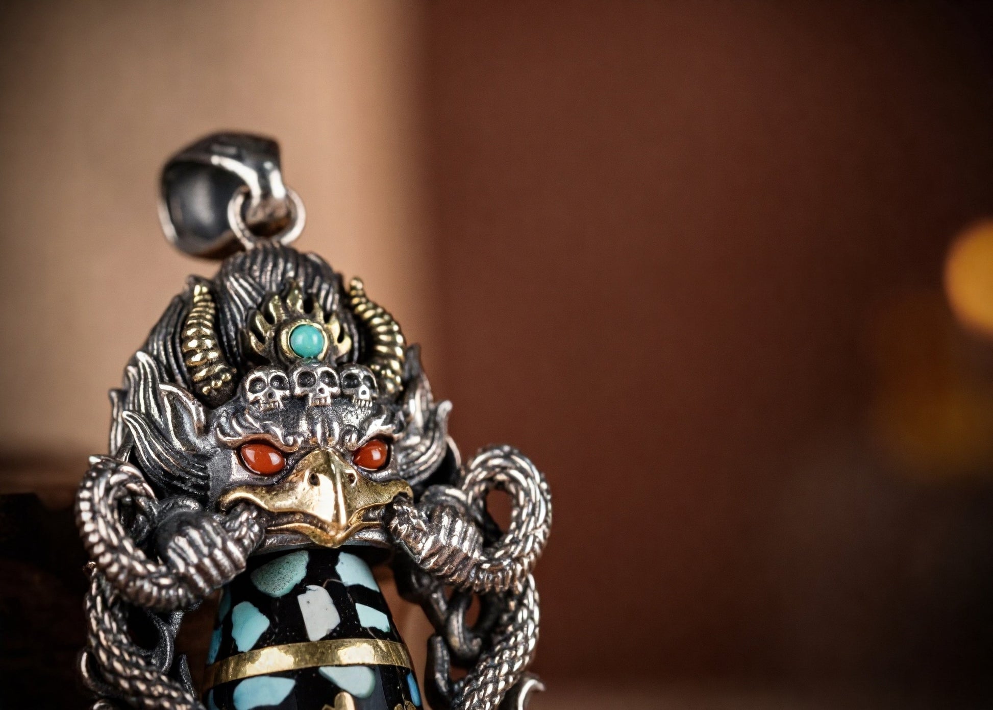 Buddha Trace roc black orchid blue DZI pendant Buddha Trace