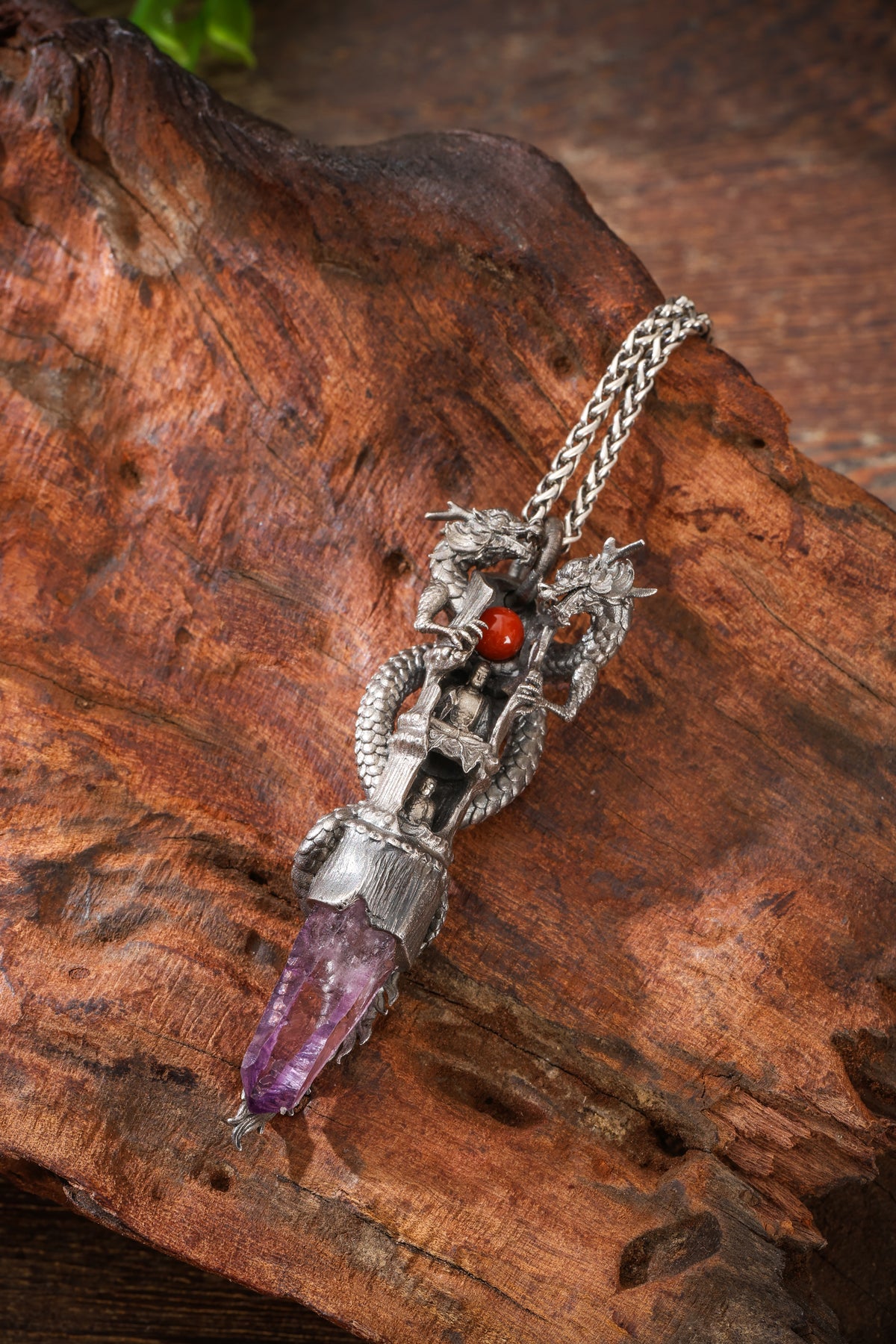 Sterling Silver Amethyst Dragon & Buddhist cave temple Pendant Buddha Trace