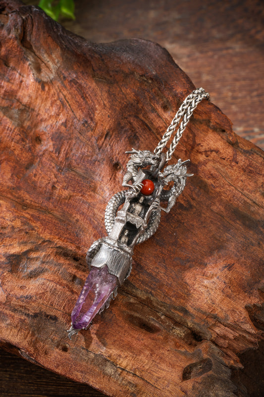 Sterling Silver Amethyst Dragon & Buddhist cave temple Pendant Buddha Trace