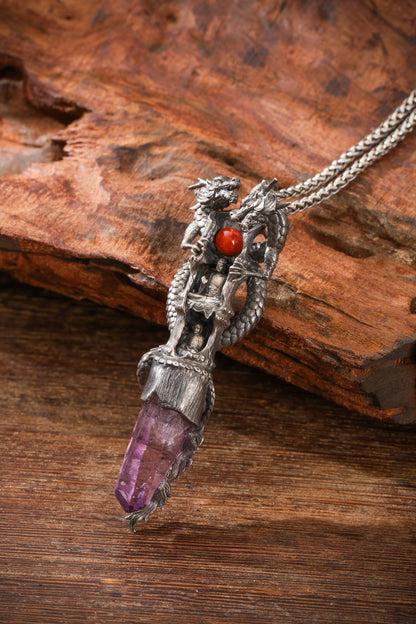 Sterling Silver Amethyst Dragon & Buddhist cave temple Pendant Buddha Trace