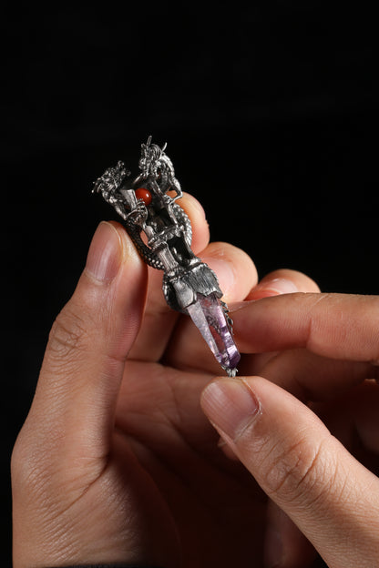 Sterling Silver Amethyst Dragon & Buddhist cave temple Pendant Buddha Trace