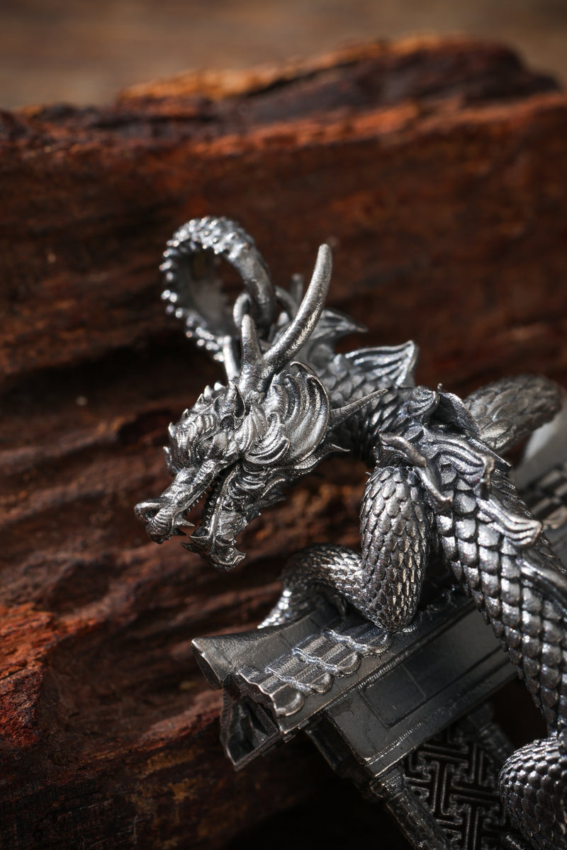 Sterling Silver Dragon Climbing the Ancient Wall Pendant Buddha Trace