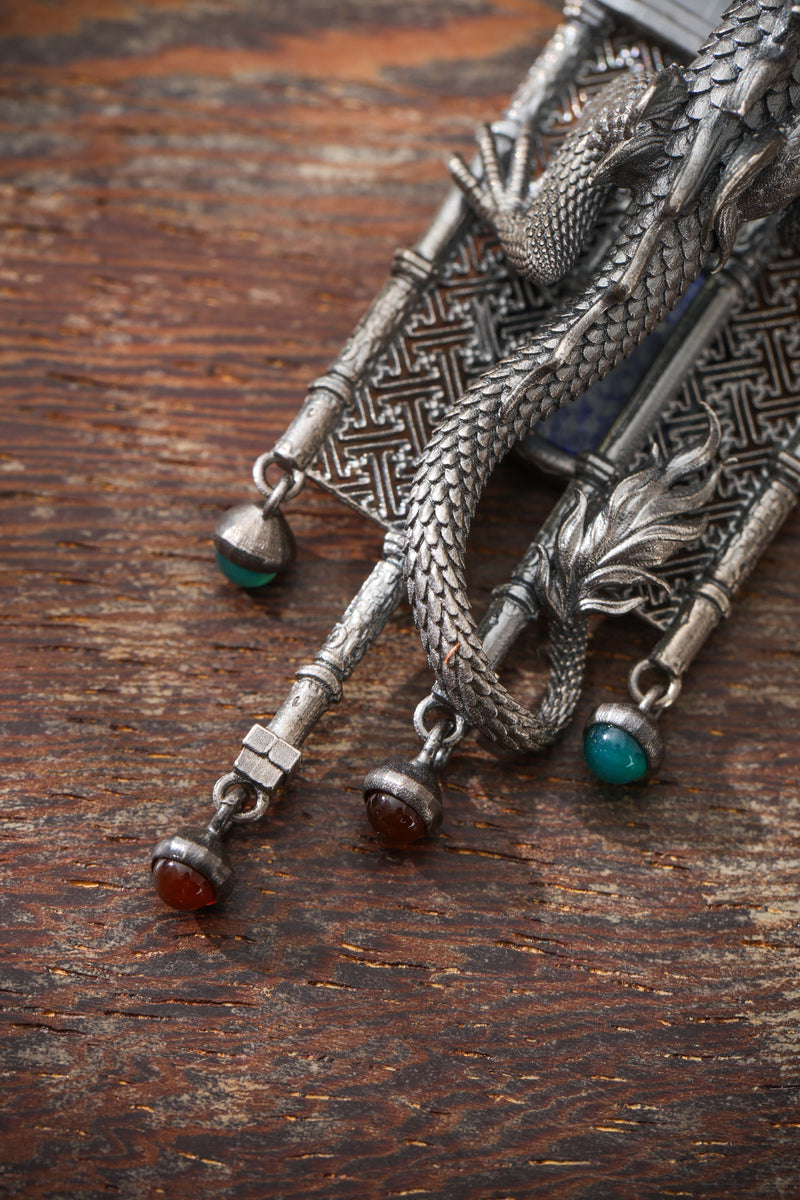 Sterling Silver Dragon Climbing the Ancient Wall Pendant Buddha Trace