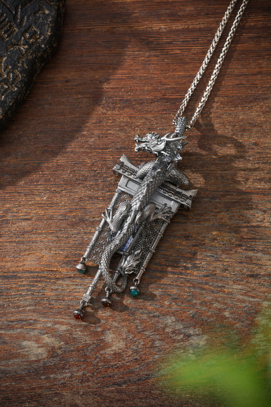 Sterling Silver Dragon Climbing the Ancient Wall Pendant Buddha Trace