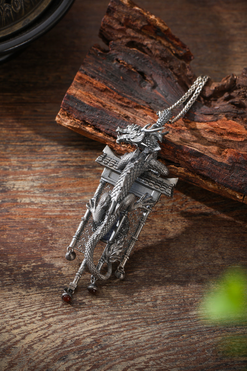 Sterling Silver Dragon Climbing the Ancient Wall Pendant Buddha Trace