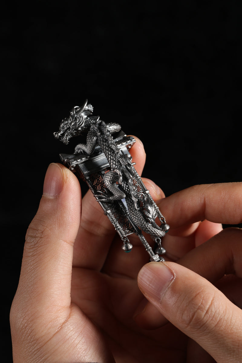 Sterling Silver Dragon Climbing the Ancient Wall Pendant Buddha Trace