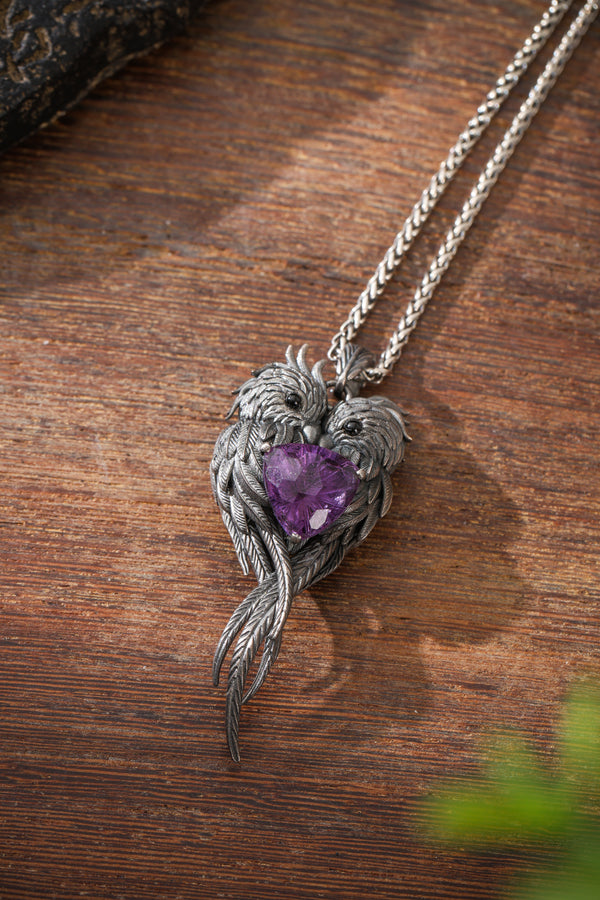 Sterling Silver Lovebirds Heart Amethyst Pendant