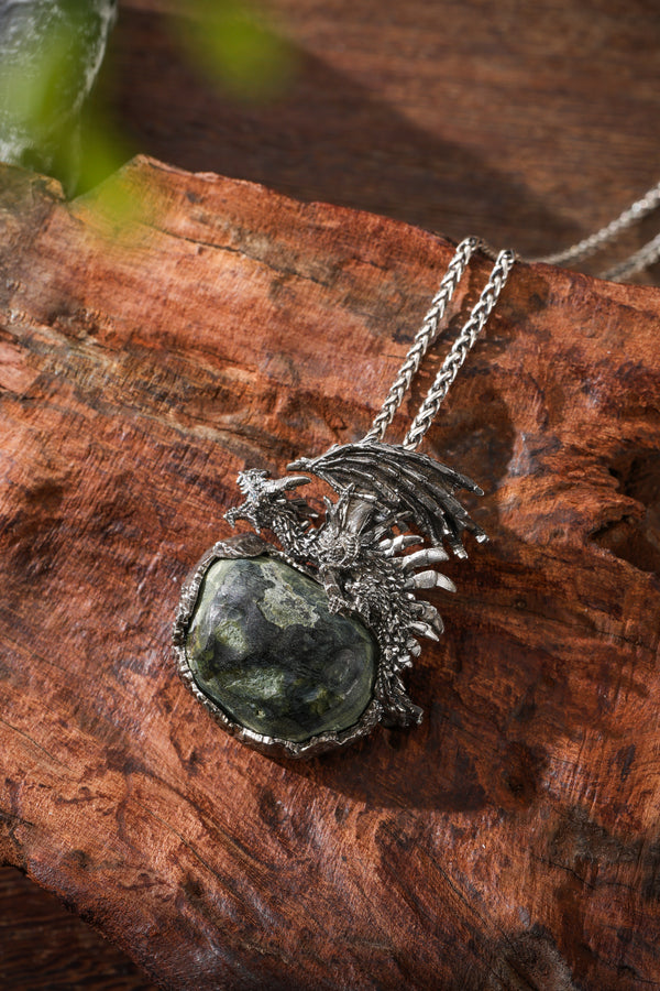 Sterling Silver Natural Crystal Geode Pendant with Flying Dragon