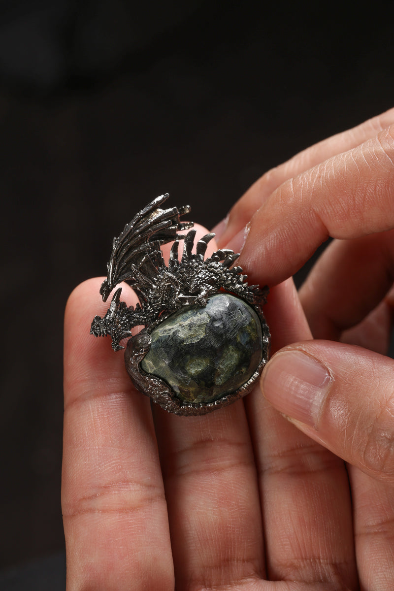 Sterling Silver Natural Crystal Geode Pendant with Flying Dragon Buddha Trace
