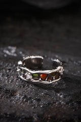 Sterling Silver Ring with Concave Stone Setting and Enamel Design Buddha Trace