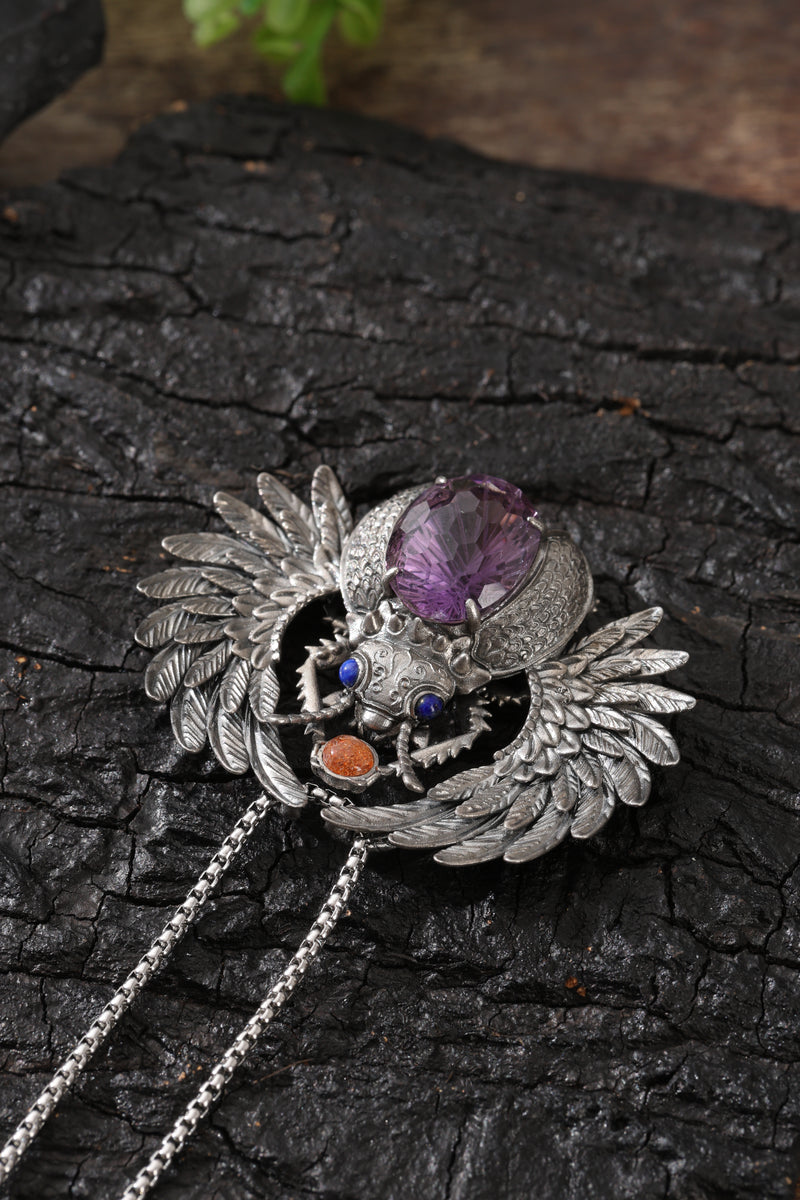 Sterling Silver Amethyst Sacred Beetle Pendant Buddha Trace