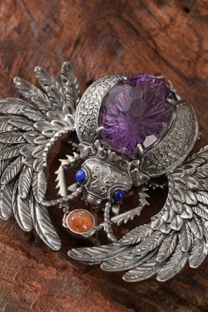 Sterling Silver Amethyst Sacred Beetle Pendant Buddha Trace