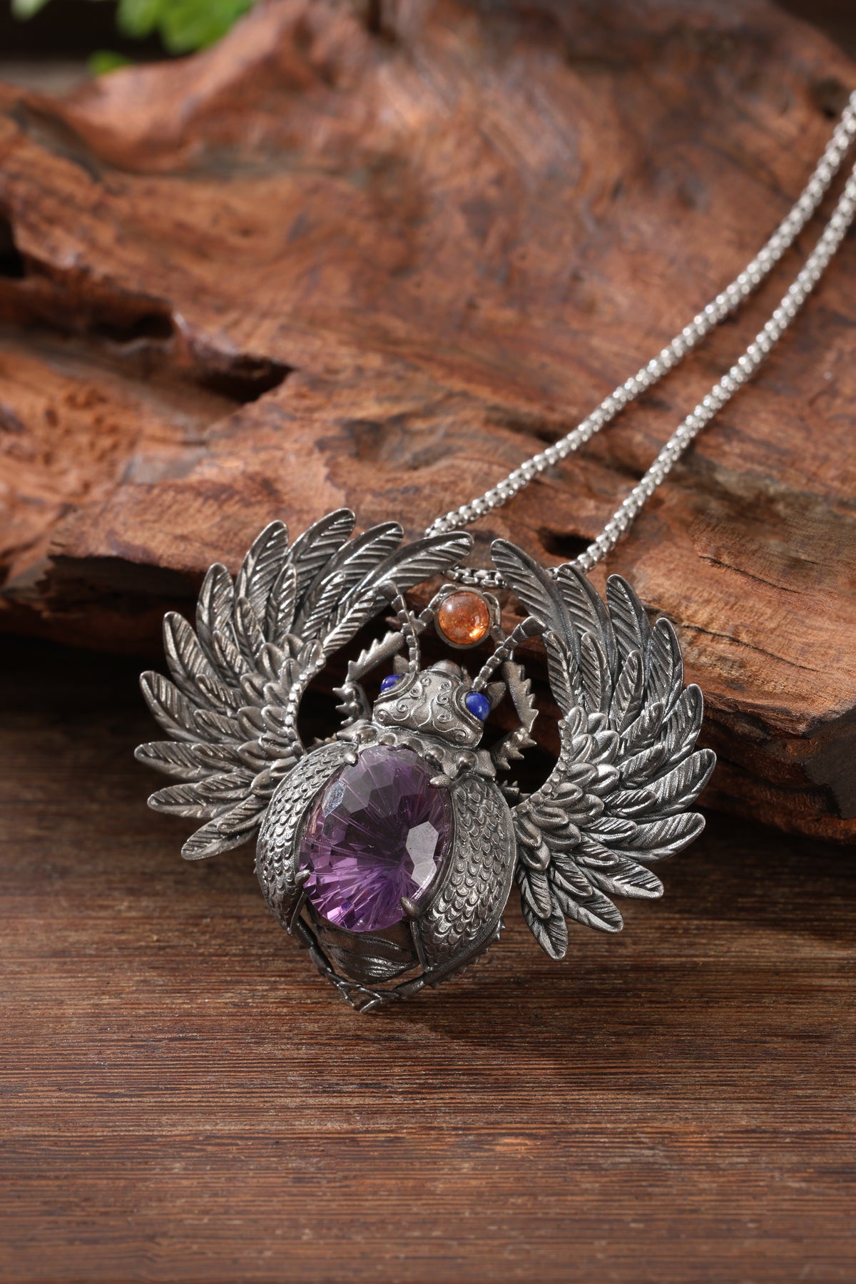 Sterling Silver Amethyst Sacred Beetle Pendant Buddha Trace