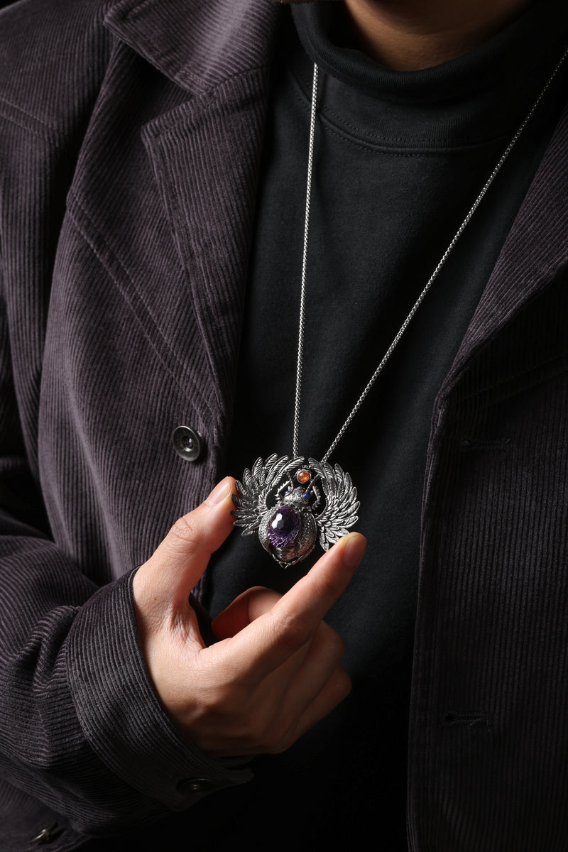Sterling Silver Amethyst Sacred Beetle Pendant Buddha Trace