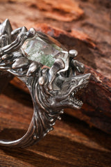 Sterling Silver Shark & Green Phantom Quartz Ring Buddha Trace