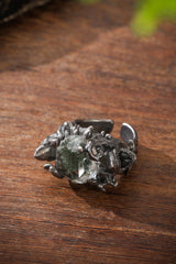 Sterling Silver Shark & Green Phantom Quartz Ring Buddha Trace