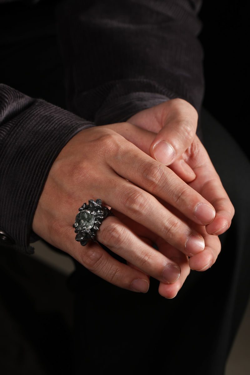 Sterling Silver Shark & Green Phantom Quartz Ring Buddha Trace