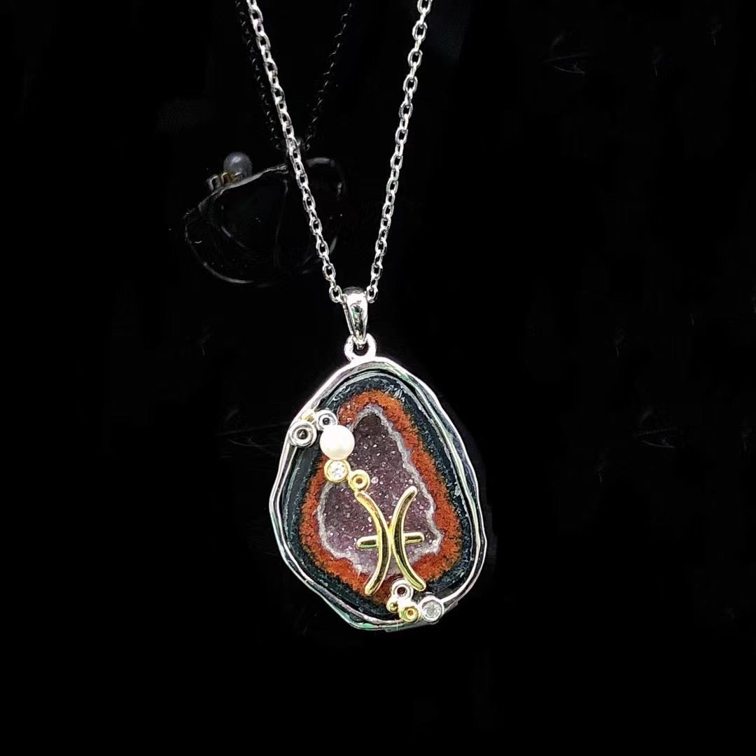 Pisces crystal geode zodiac pendant with Pisces symbol, front view