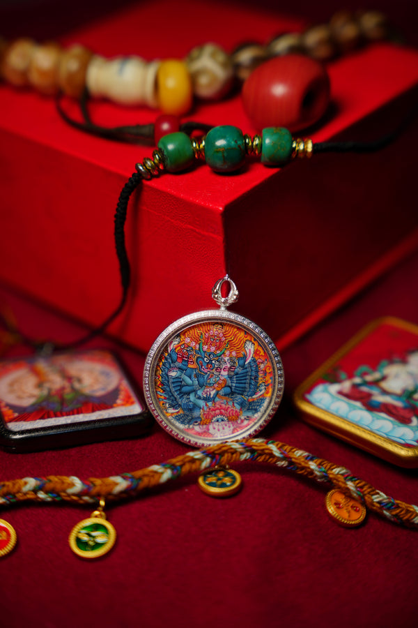 Buddha Trace Tibetan Yamantaka Silver Circular Thangka